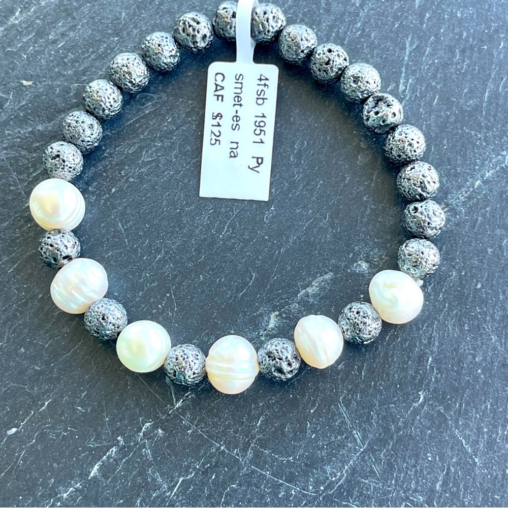 Elegant Lava grey and Freshwater pearls White Beaded Bracelet 7-7.5”